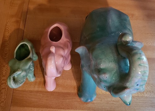Lote de 3 macetas de cerámica artística elefante vintage, jarrones para estatuillas, esmalte por goteo - Imagen 7 de 7