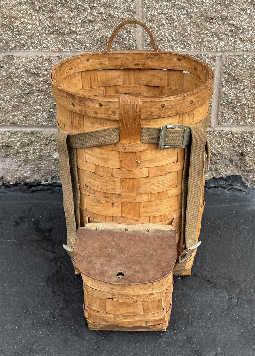 Antique 1900s AMERICAN Adirondack Gathering Trapper Woven Basket Backpack  RARE