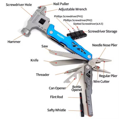 Best Gift Ultimate 18 in 1 Hammer Multitool for Camping fixing screwdrivers saw