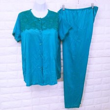 Vintage 80s Carriage Court Sears 2pc Pajama Set PJ Top Bottom -M Lace Nylon Blue