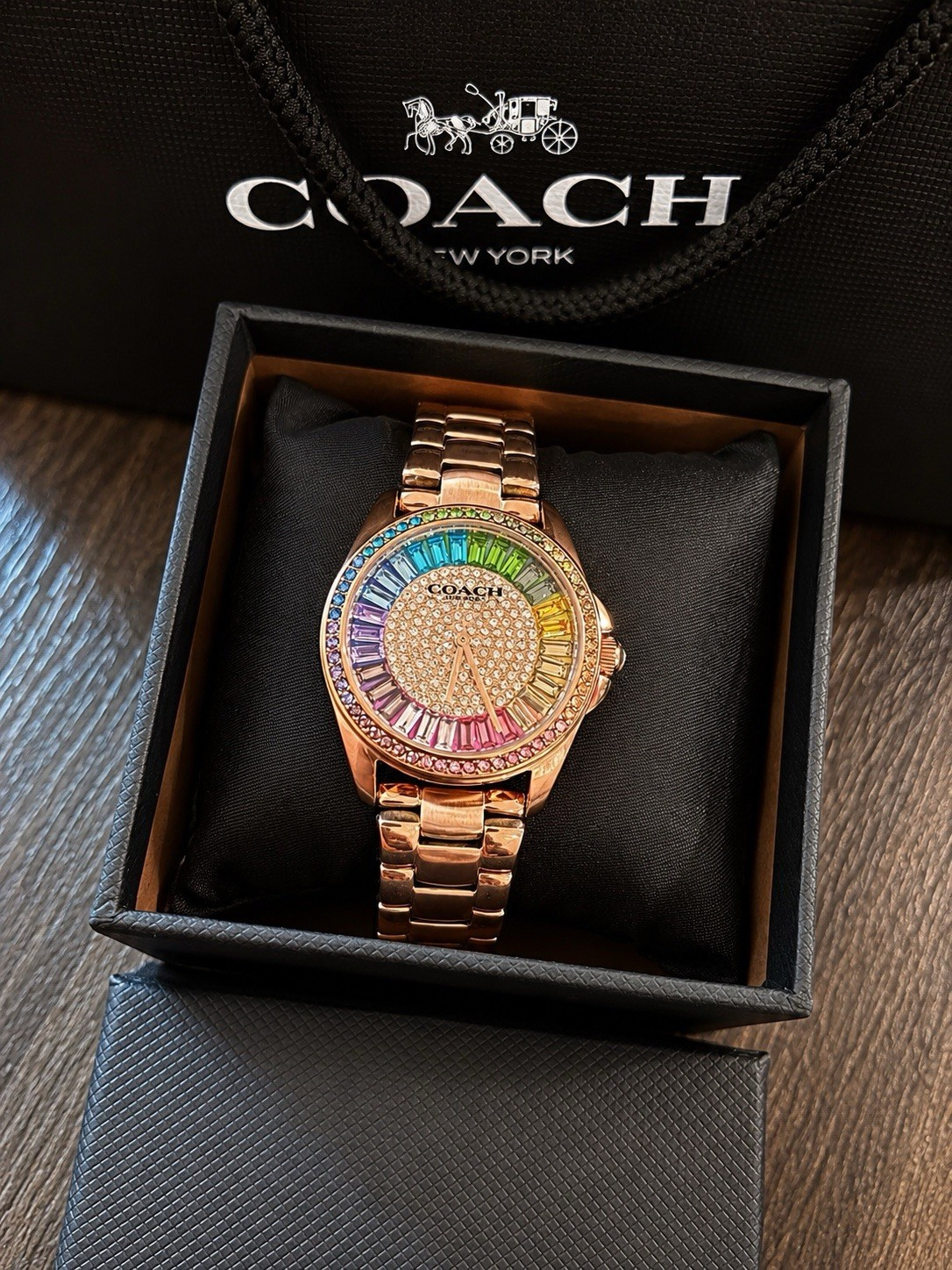 Coach Rainbow Crystal Bezel Multicolor Dial Quartz 34mm 30m Rose Gold