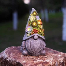 Solar Garden Statues Gnomes Figurine with Succulent and LED Lights - Garden Gnom