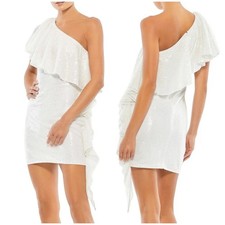 Mac Duggal NWT White One Shoulder Asymmetrical Ruffled Sequin Mini Dress Size 6