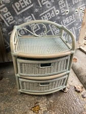 Bamboo Wicker 2 Drawer Bedside Cabinet Unit Table Storage Vintage Light Blue