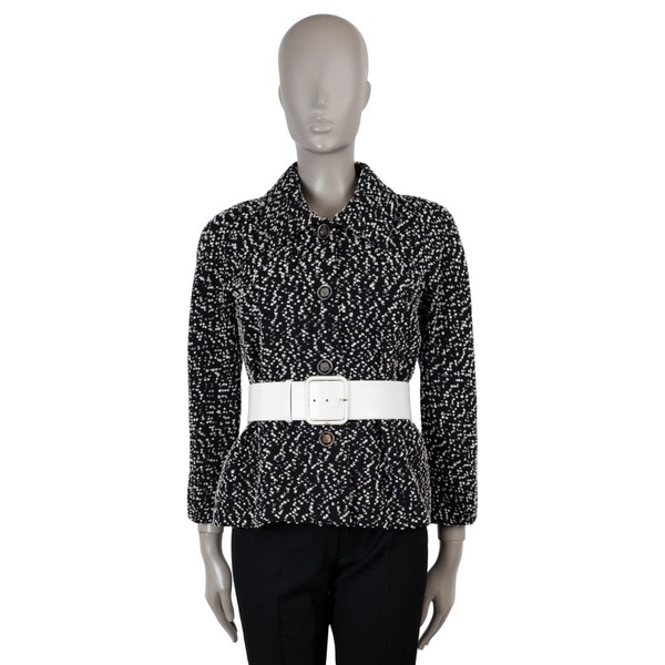 71100-1 Auth CHANEL Black White Wool 19C LA PAUSA BELTED TWEED Jacket 40 M