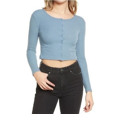 BP. Women's Button Front Long Sleeve Crop Top in Blue Mirage Large MSRP $35