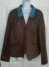 Victor Costa Occasion Sz XL Brown Turquoise Beads Cotton Lined Jacket EUC