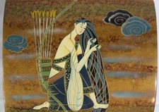 Large Vintage Lacquered Jewelry Box Art Nouveau Deco Asian Woman Hinged Chinese