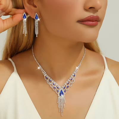   Damen Schmuckset Rot Silber Frauen Strass Glasstein Kette Ohrringe Elegant  