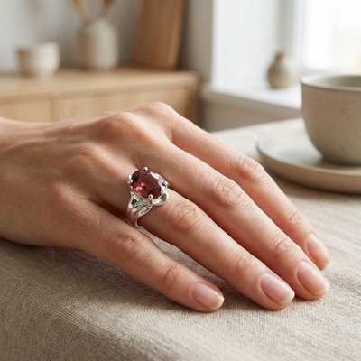 925 Sterling Silver Handmade Rings Estate Red Tourmaline Oval 2.30Ct Size 5.75