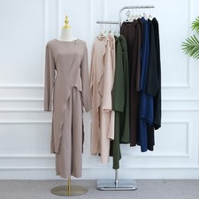 Fashion Women Muslim Abaya Set Eid Dubai Loose Maxi Top Wide Leg Pants Suit Set