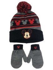 Disney Toddler Boys Black Red Mickey Mouse Beanie Hat Mittens Set 2T-5T