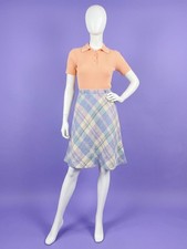 Vintage 1970s Pastel Plaid Wool Blend Midi Skirt Size 24 Waist