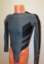 Men Thong Leotard 159-22 Long Sleeve Zipper Back Gray and Black Spandex Size L