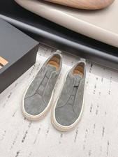 with box Zegna Triple Stitch Grey Suede Low Top Sneakers Shoes Mens In B G1N