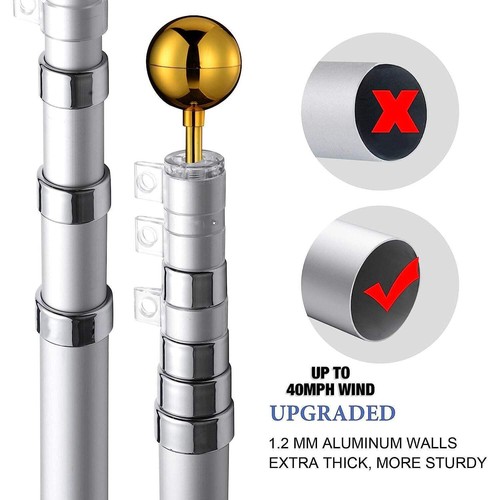 20ft Telescopic Aluminum Flagpole Kit with USA Flag Ball Rust-Resistant Outdoor - Picture 2 of 9