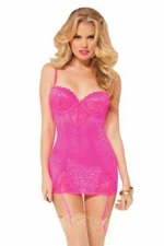 LACE UNDERWIRE GARTER CHEMISE SLIP DRESS & THONG PINK LEOPARD Small 2-6