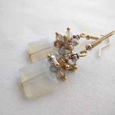 Handmade Bauble Gem / Glass / Pearl Mix Gold Tone Chandelier Earrings, Free Ship