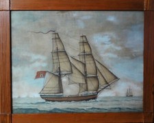 Unsigniert Top-antik-Aquarell: 2-MAST SEGELSCHIFF; FLAGGE MIT WAPPEN VON HAMBURG