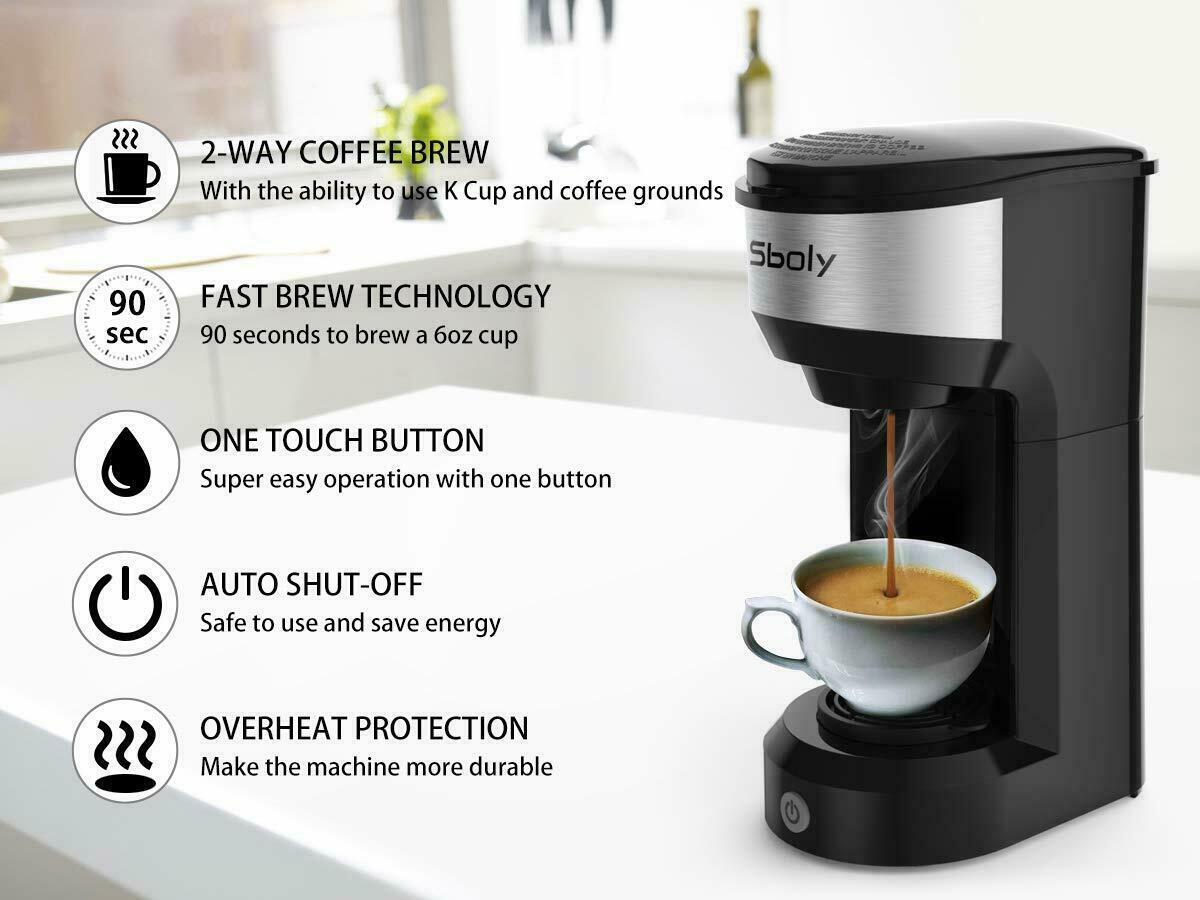 Sboly Upgrade Mini Single Serve Coffee Maker for K Cup Pods and Ground