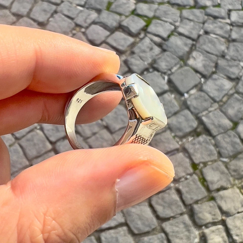 Anillo de piedras preciosas de madreperla de plata esterlina 925 real sólido para hombre todas las tallas Foto 3 de 4