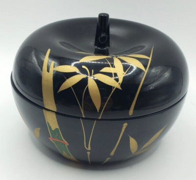 Vintage Japanese Lacquerware Bowls Black Gold Bamboo Set Of Six Inside Lid Bowl