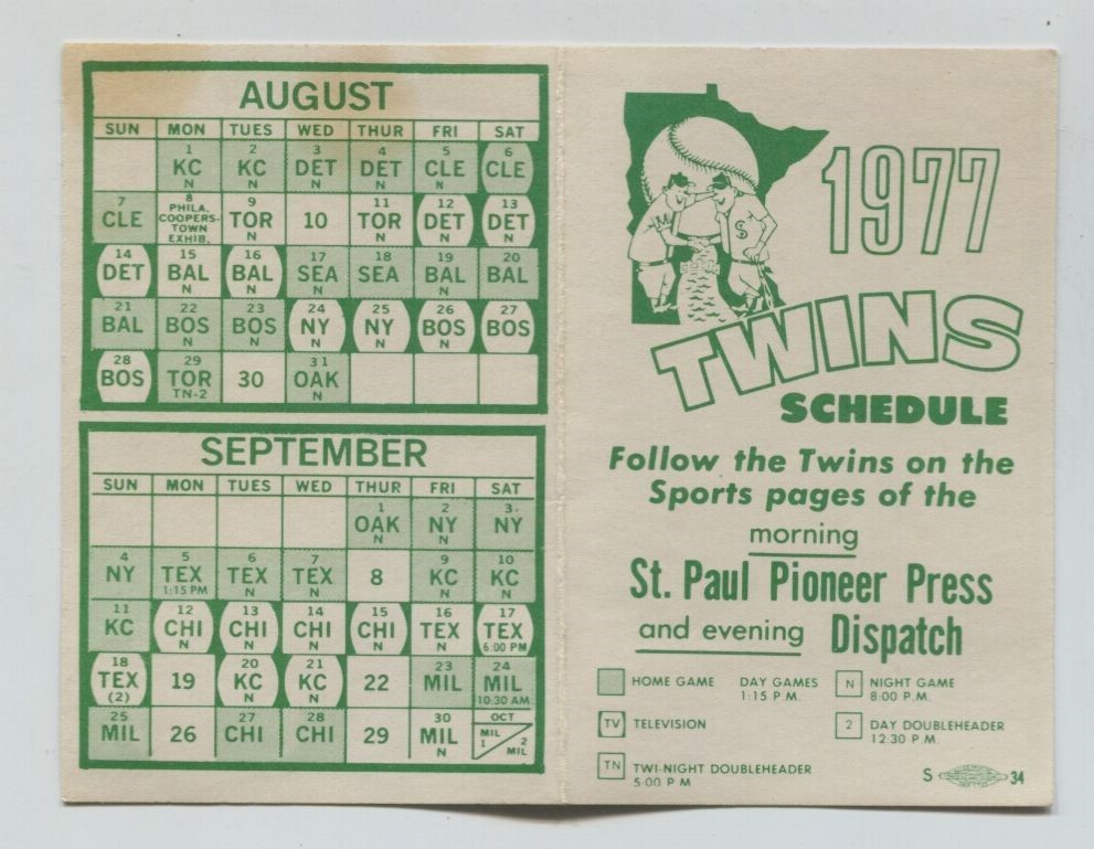 1977 Minnesota Twins Baseball pocket schedule Dispatch Pioneer Press | eBay