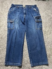 Vintage Baggy Cargo Jeans Mens 36 Blue Denim Y2K Wide Leg Tech Pockets Rave READ