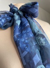 Vintage Blue Scarf Polyester Leaf X Design Womens Sheer Scarf