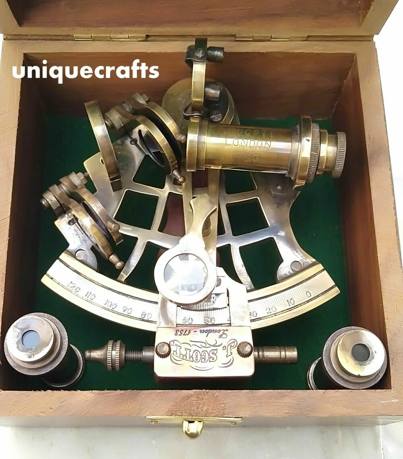 Vintage Massif Laiton Antique Sextant Avec Boite J Scott London 1753