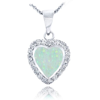 Sterling Silber Lab Created weißer Opal & Zirkonia Herz Halskette