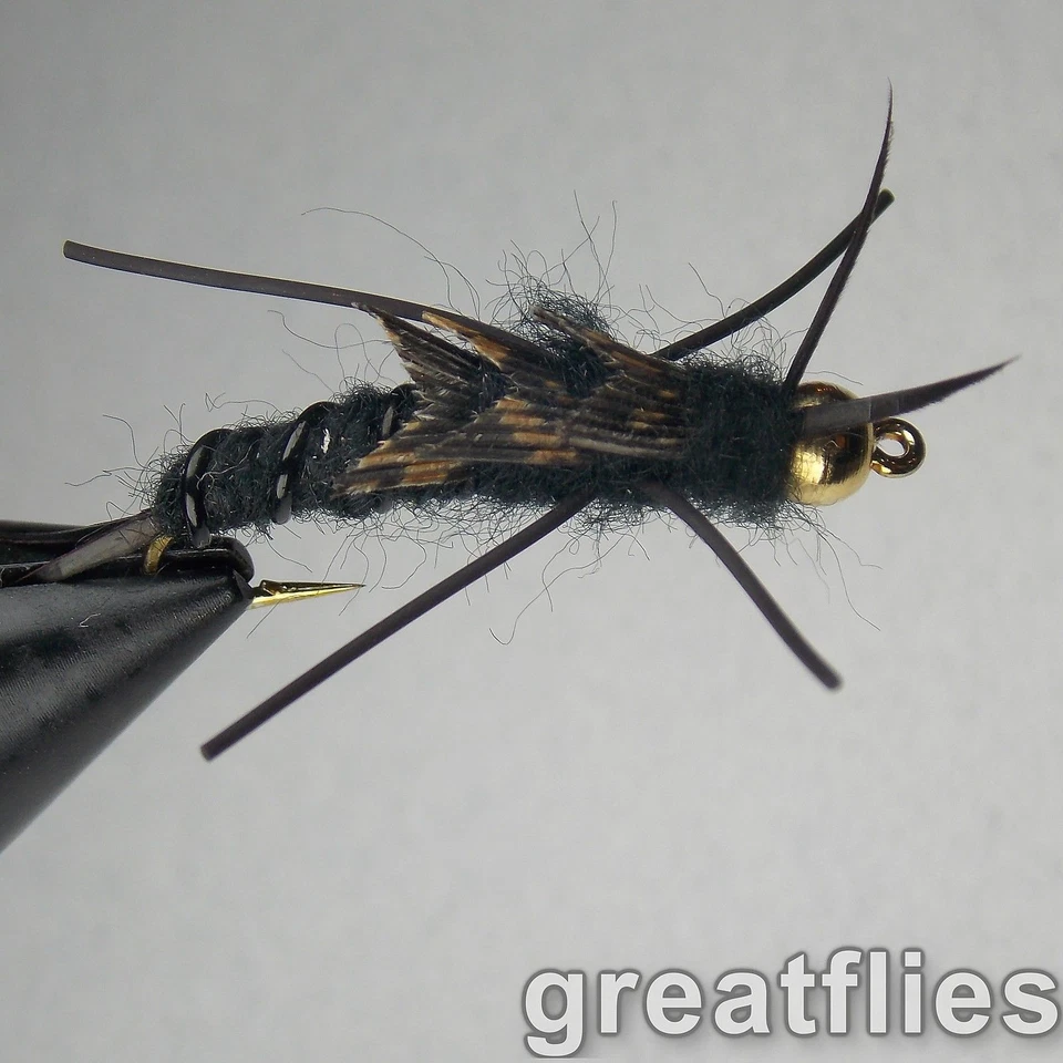 1 dozen (12) - Kaufmann's Stonefly Nymph - BLACK - Bead Head - Rubber Legs