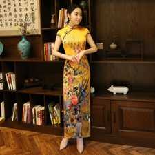 Long Cheongsam Retro Qipao Catwalk Dress Women Elegant Long Slim Gown Dress