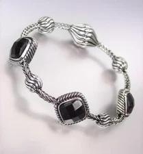 UNIQUE Square Black Onyx Silver Cable Chain Magnetic Clasp Bracelet