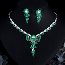 Silver Plated CZ Green Long Flower Leaf Dangle Drop Jewelry Necklace Earring Set