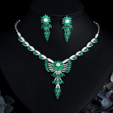 Silver Plated CZ Green Long Flower Leaf Dangle Drop Jewelry Necklace Earring Set