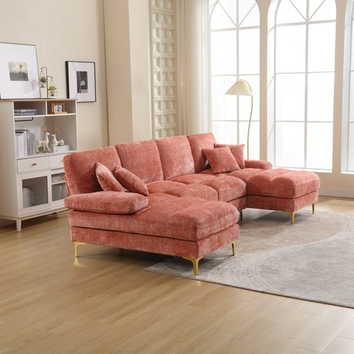Modernes Großes Chenille U-Shape Sektionssofa mit Doppelten Liegesitzen, Rosa - Bild 13 von 22