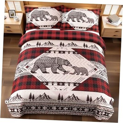 3 Piece Cabin Quilt Sets Christmas Rustic Reversible Full/Queen Christmas Red