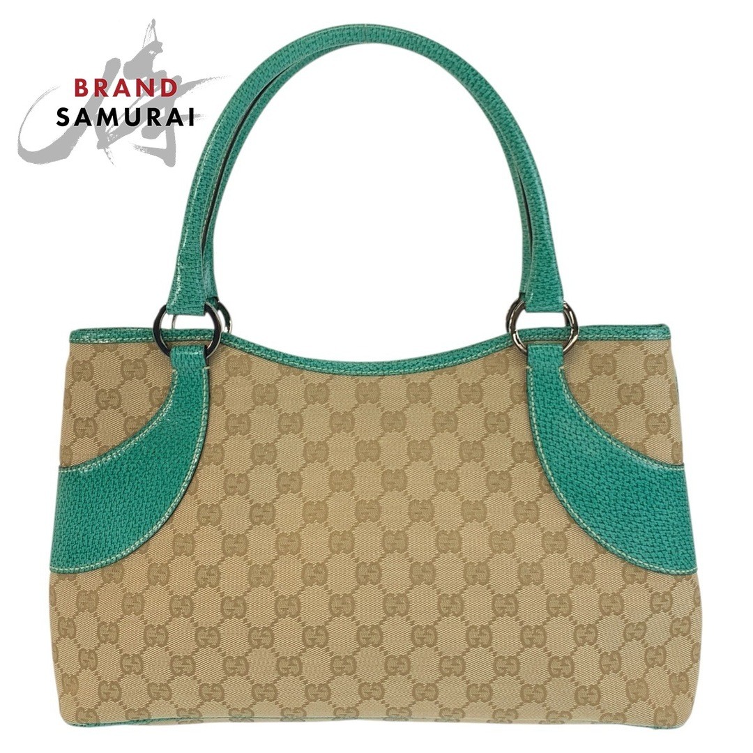 Gucci Beige Green Silver Hardware GG Canvas Leather Tote Bag Used