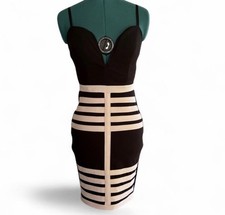 Forever 21 Women’s S Black White Striped Bodycon V-Neck Spaghetti Zip Knit
