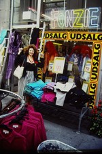 1985 Woman Outside FONZIE Store UDSALG Sale Sign Stripes Fashion 35mm Slide