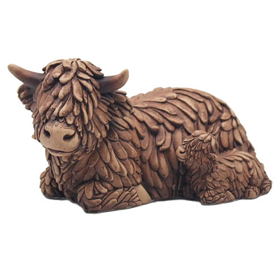 Highland Cow Ornament 18cm Gift - Lying Down Hughie cow with Calf