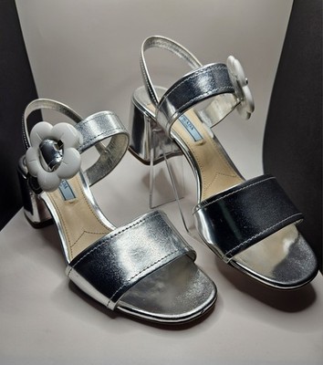 Prada Flower Buckle Silver Leather Block Heel Sandals Size 38.5
