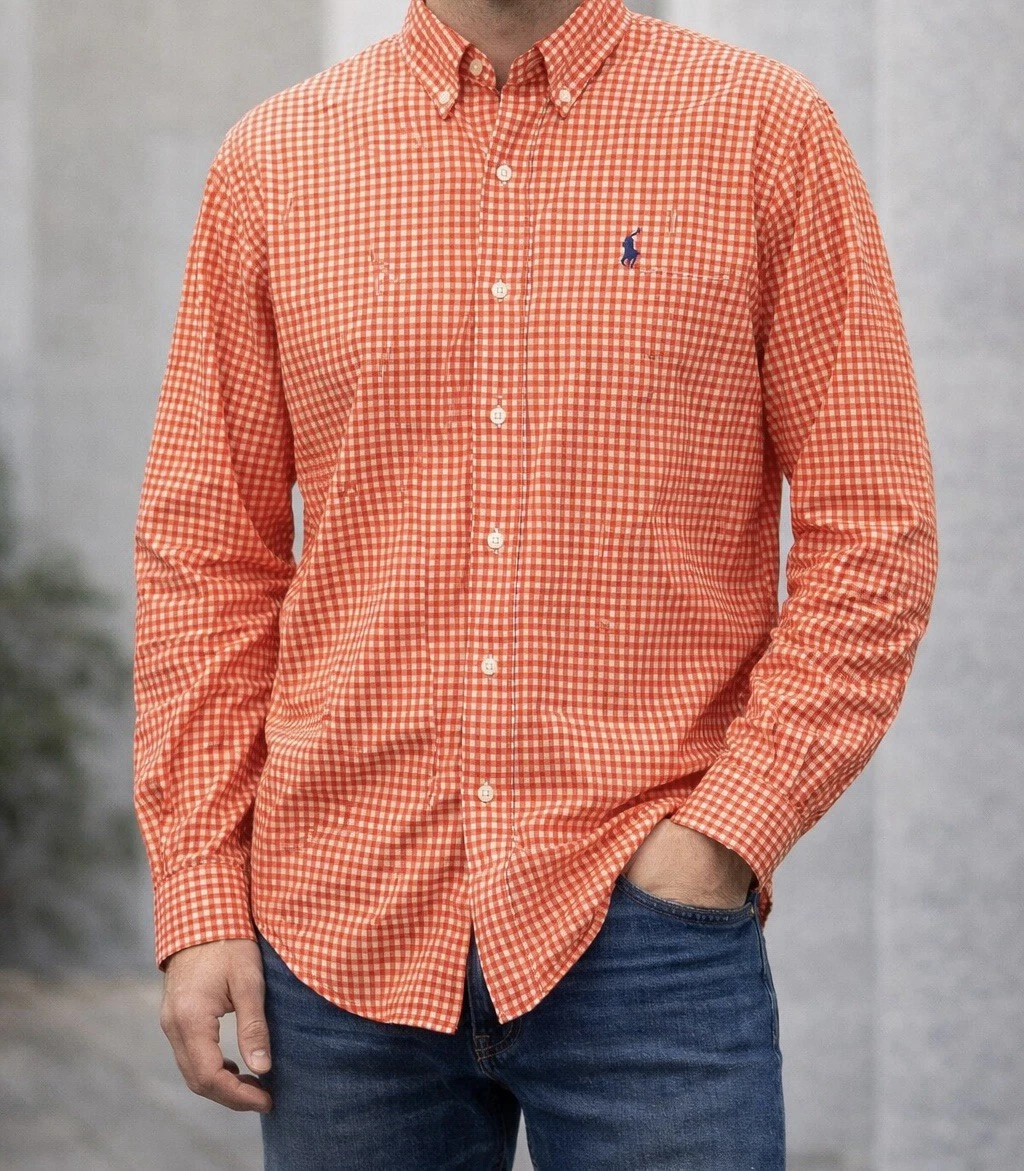 Ralph Lauren Check Button Down Long Sleeve White and Orange XXL Shirt