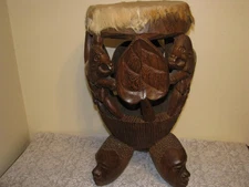 Vintage Hand-Carved African Drum W/Three Head Figures For Legs - Good Condition