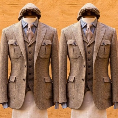 Vintage Herringbone Men's Safari Jackets British Style Party Men Hunting Coat