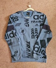 Adidas Sweatshirt Men's Large Blue Logo Sweater All Over Print Pullover Crew