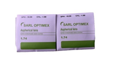 2x Hochindex Brillengläser 1.74   SPH -16,00 / CYL -1,50   neu, Nano-Coating