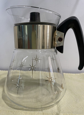 Pyrex MCM Glass Coffee Pot Carafe Gold Atomic Starburst Design 4-6 Cups With Lid