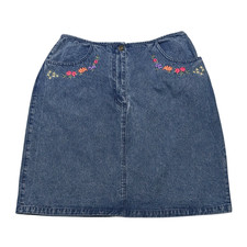 Vintage 90s Denim Skirt Embroidered Floral 12 28x19 Cottagecore Boho Prairie